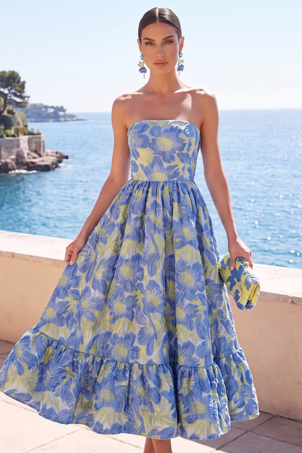 Robe midi jacquard trapèze vert foncé sans bretelles avec volants et motifs floraux