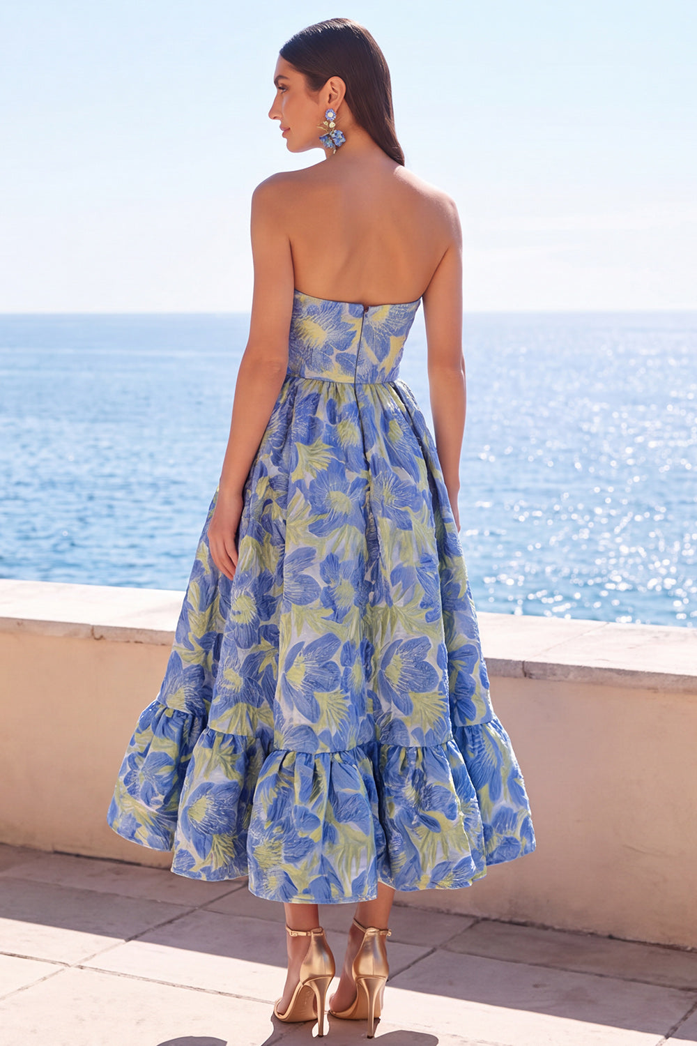 Robe midi jacquard trapèze vert foncé sans bretelles avec volants et motifs floraux