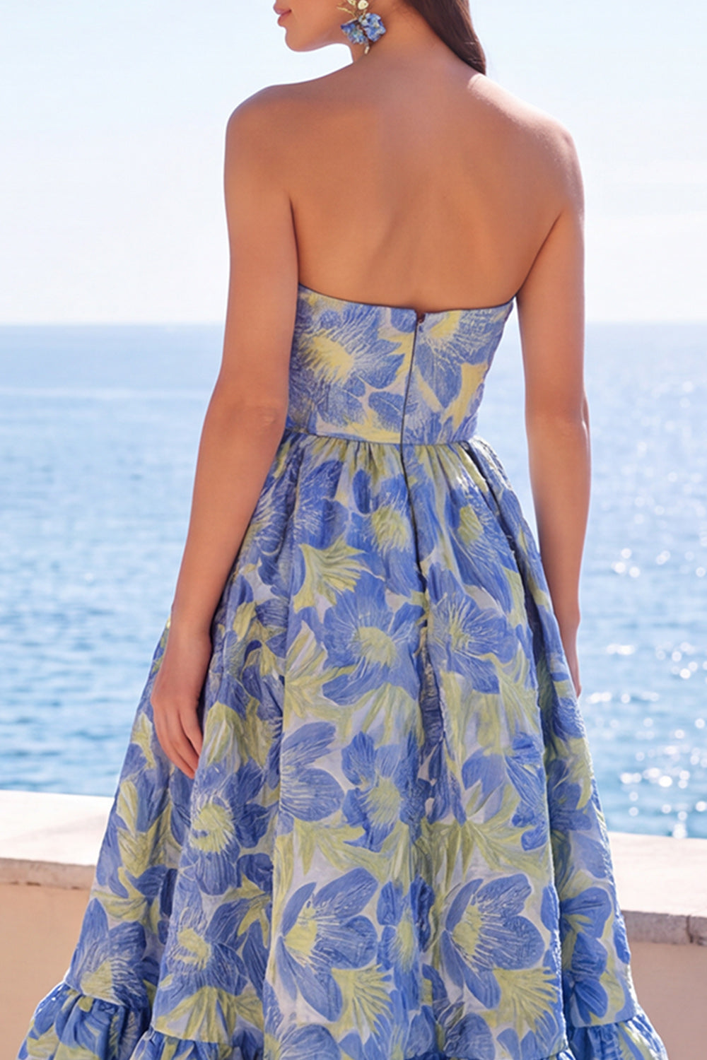 Robe midi jacquard trapèze vert foncé sans bretelles avec volants et motifs floraux