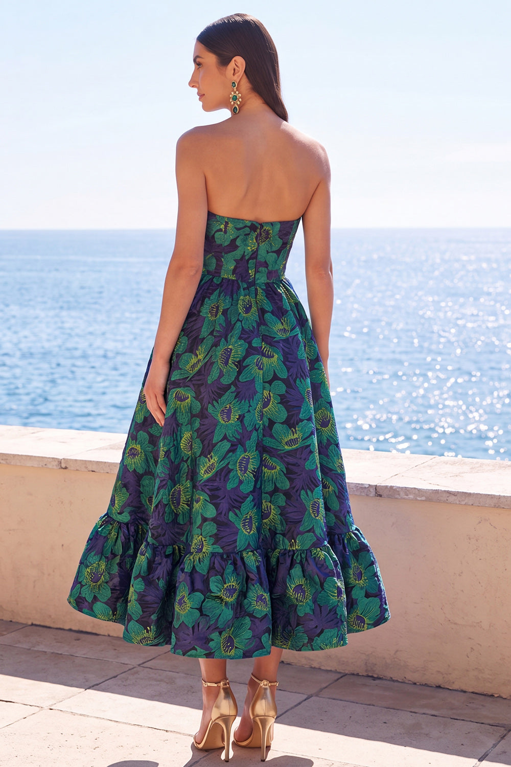 Robe midi jacquard trapèze vert foncé sans bretelles avec volants et motifs floraux