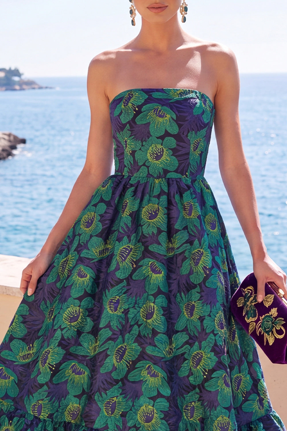 Robe midi jacquard trapèze vert foncé sans bretelles avec volants et motifs floraux