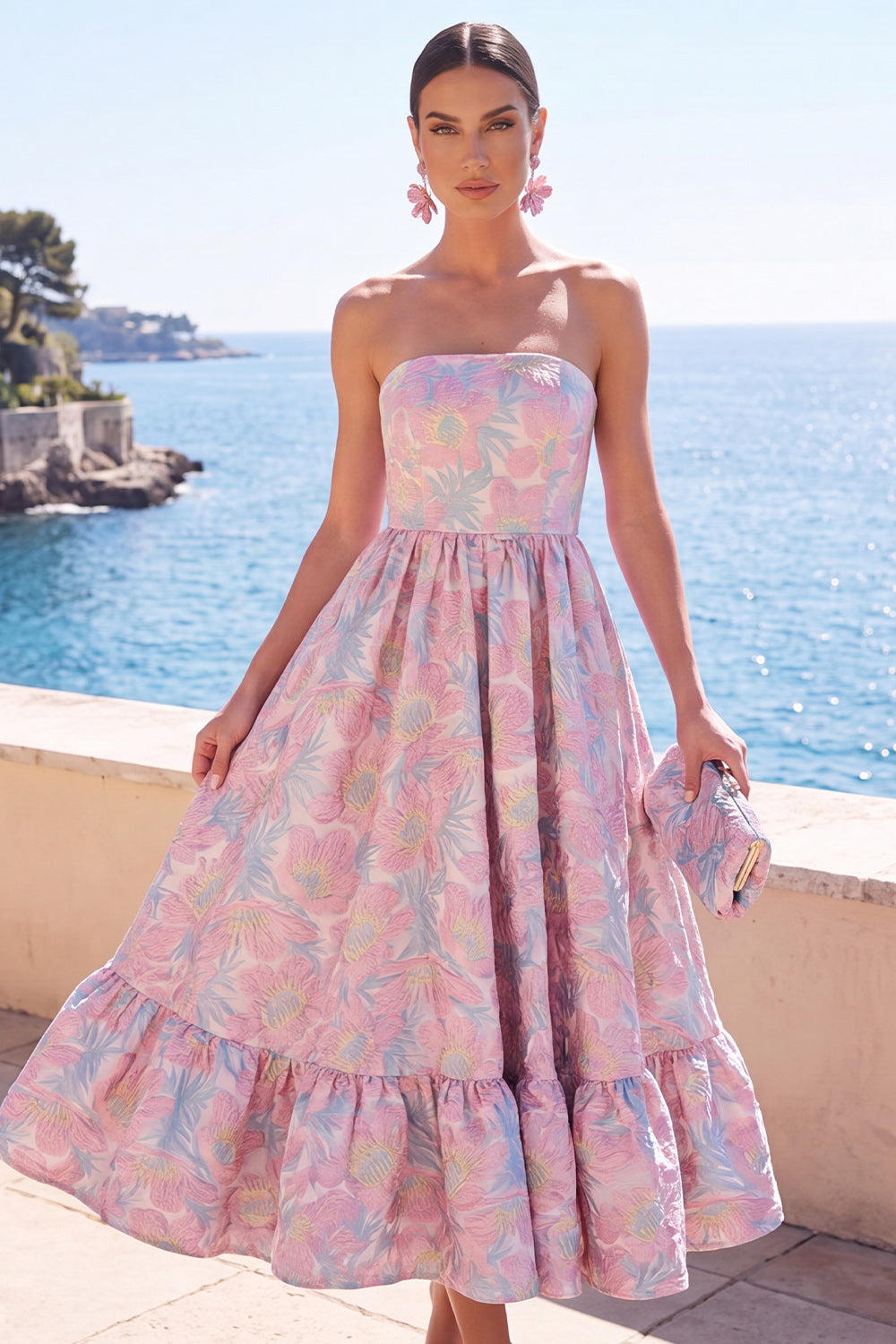 Robe midi jacquard trapèze vert foncé sans bretelles avec volants et motifs floraux