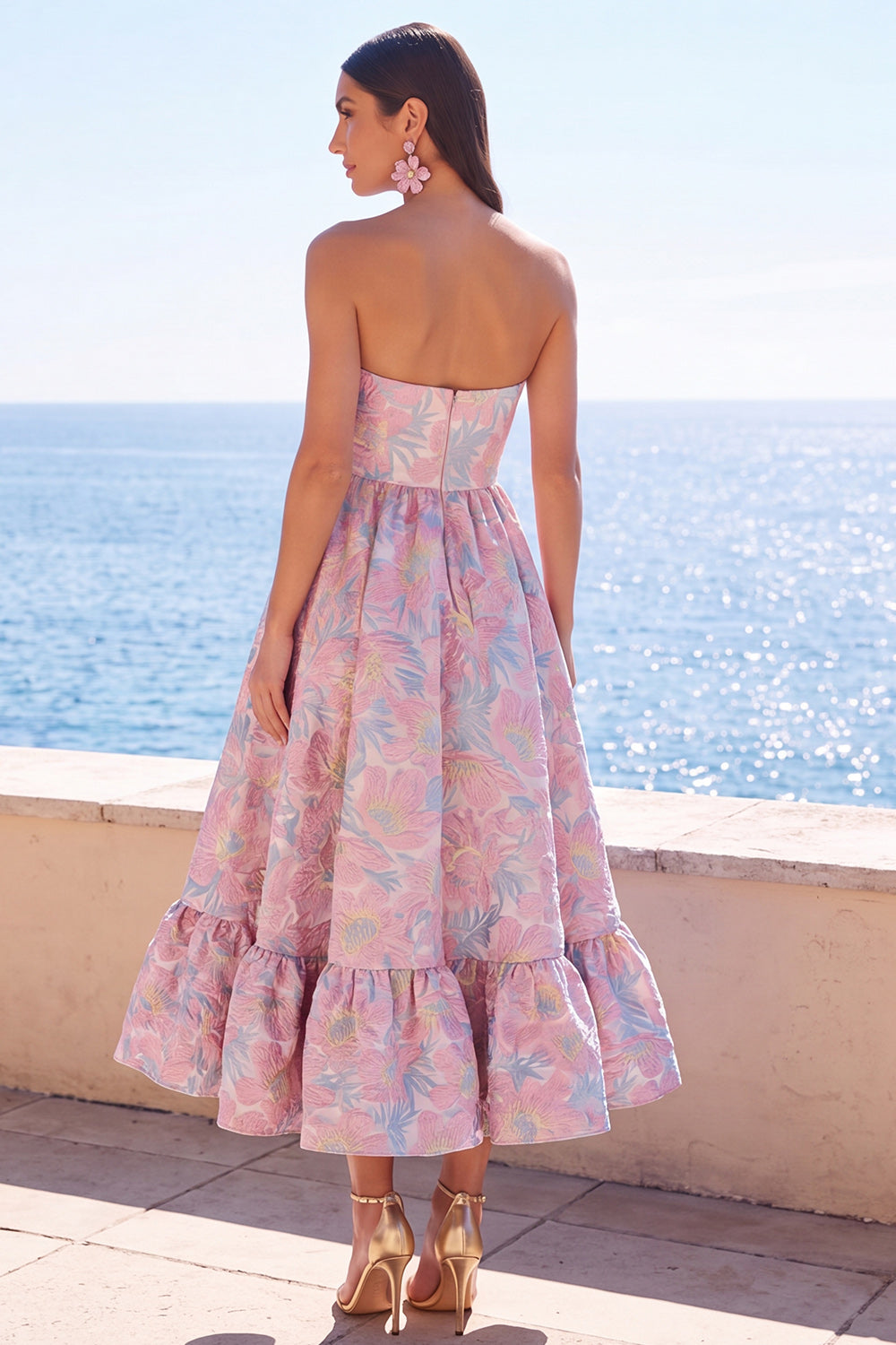 Robe midi jacquard trapèze vert foncé sans bretelles avec volants et motifs floraux