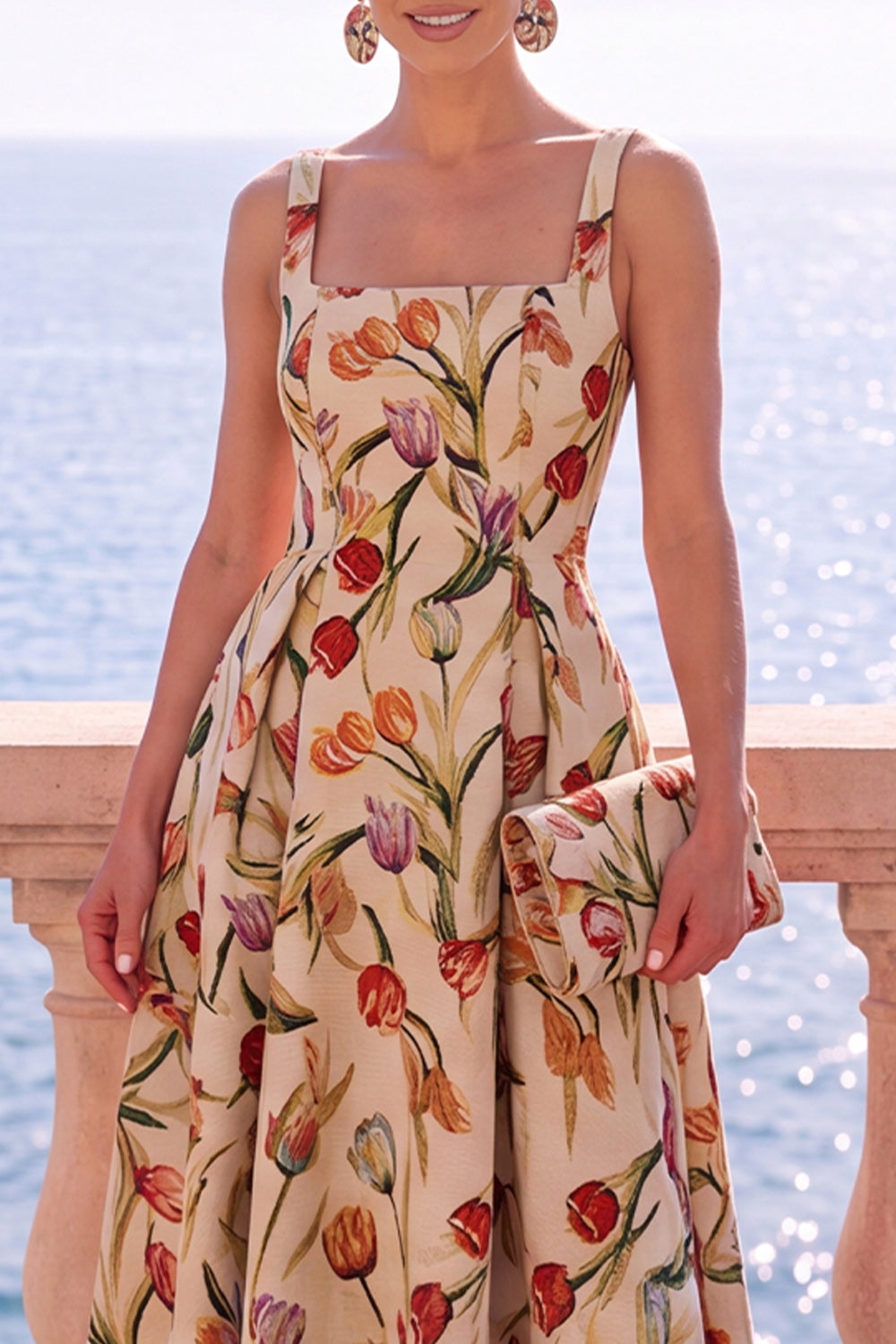 Apricot Square Neck A-Line Jacquard Floral Midi Dress