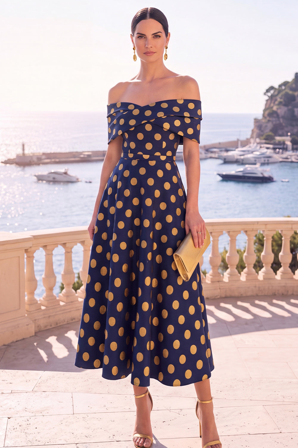Navy Green Flower Off the Shoulder A-Line Midi Dress with Lace Up Back