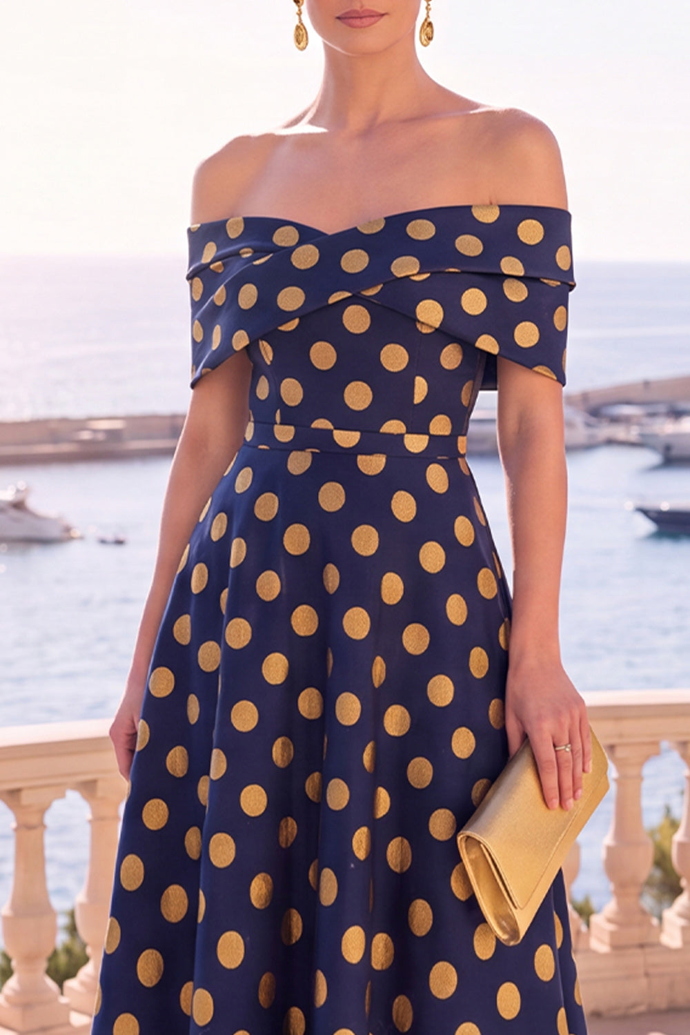 Navy Green Flower Off the Shoulder A-Line Midi Dress with Lace Up Back