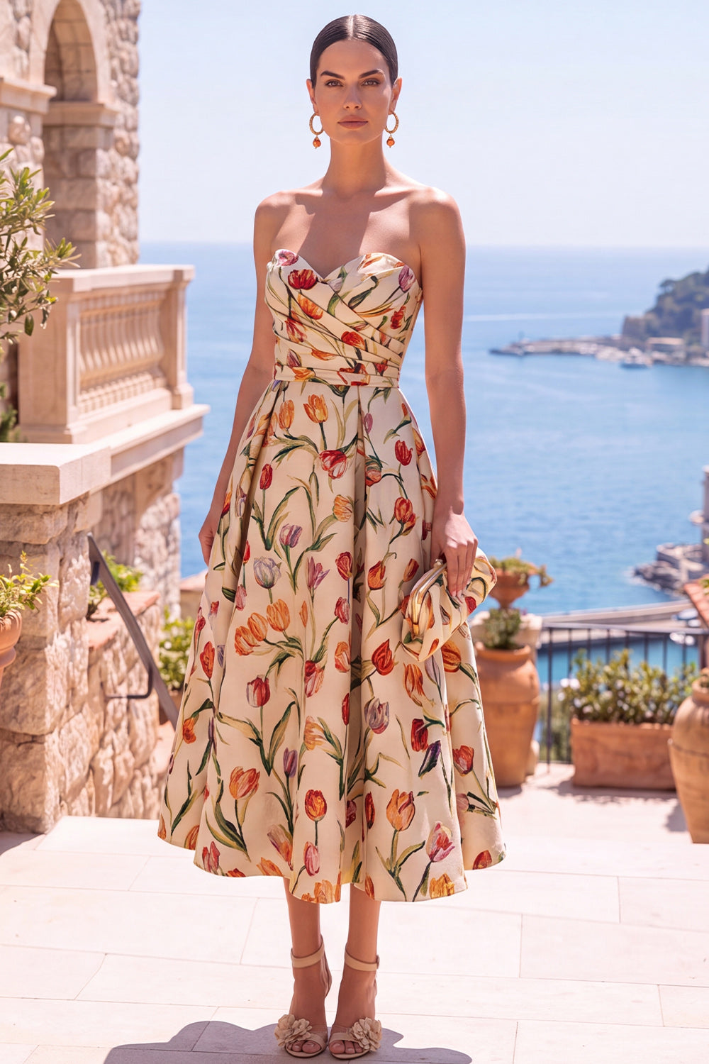 Olive Sweetheart A-Line Jacquard Ruched Floral Midi Dress