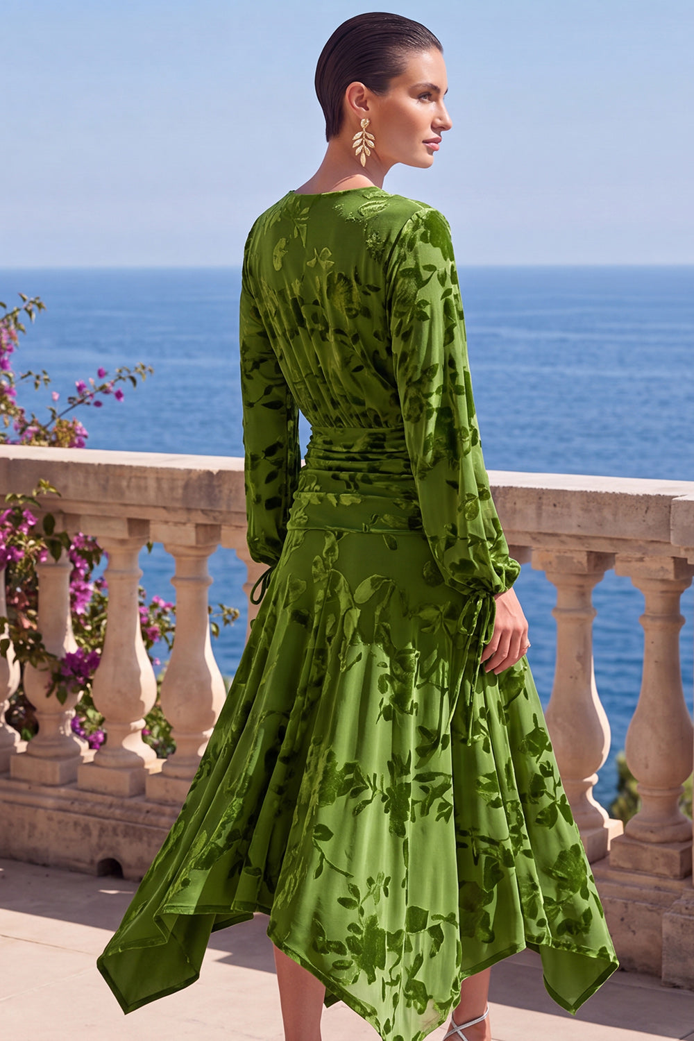 Green A-Line Velvet V-Neck Asymmetrical Ruched Midi Floral Dress with Long Sleeves