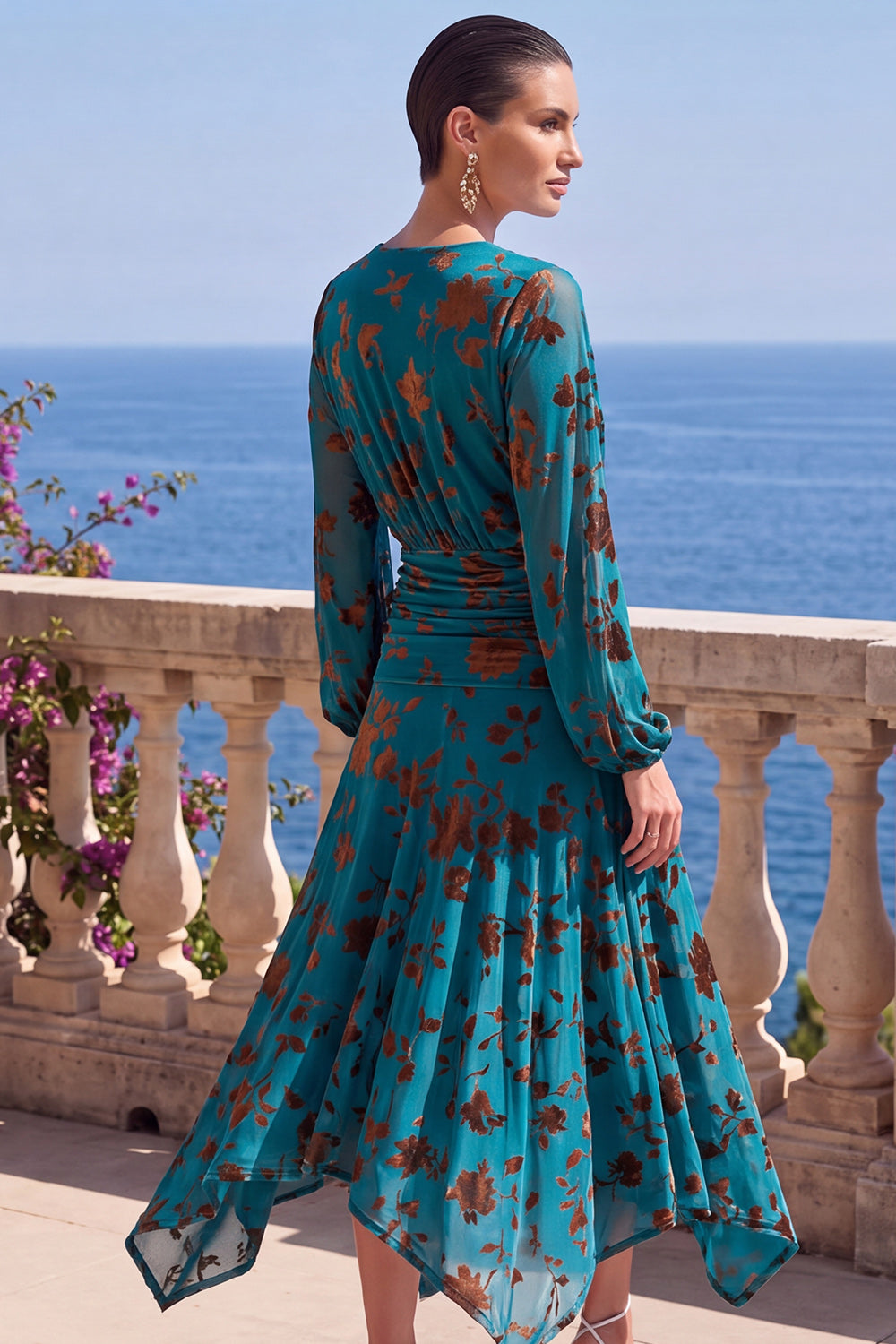 Green A-Line Velvet V-Neck Asymmetrical Ruched Midi Floral Dress with Long Sleeves