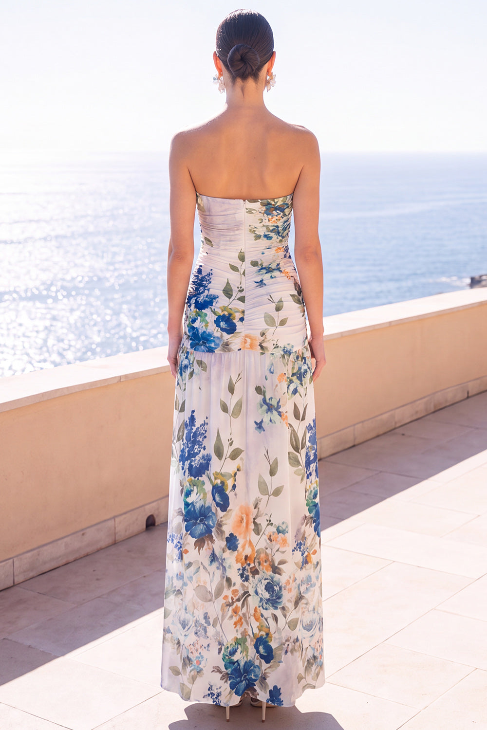Strapless Coffee A-Line Ruched Chiffon Maxi Floral Dress