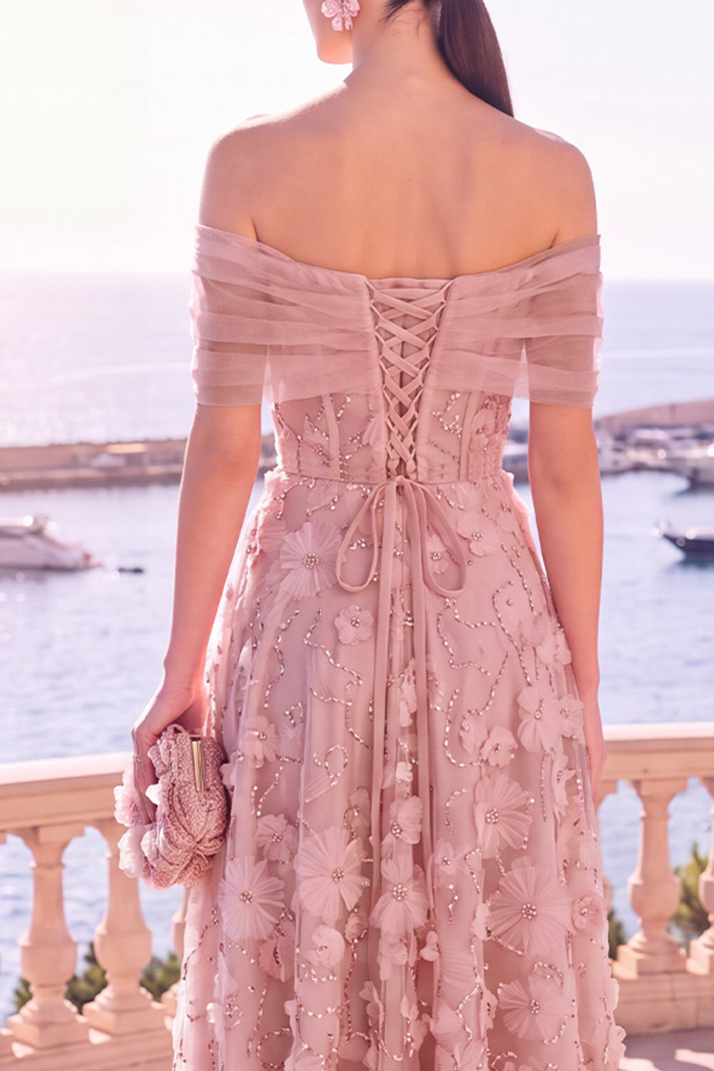 Off-the-Shoulder Blue A-Line Midi Floral Dress with Lace-Up Back