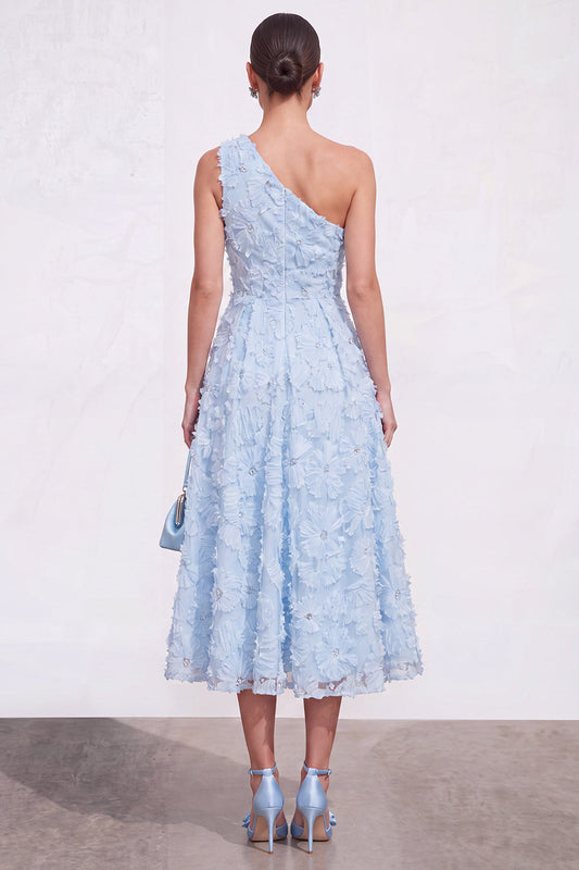 Blue A-Line One-Shoulder Floral Midi Dress with Beading