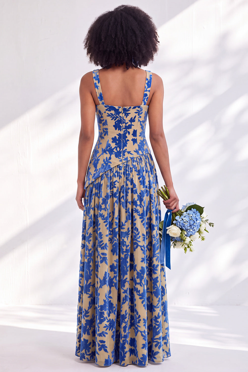 Blue Square Neck Velvet Corset Floral Ruched Long Bridesmaid Dress with Slit