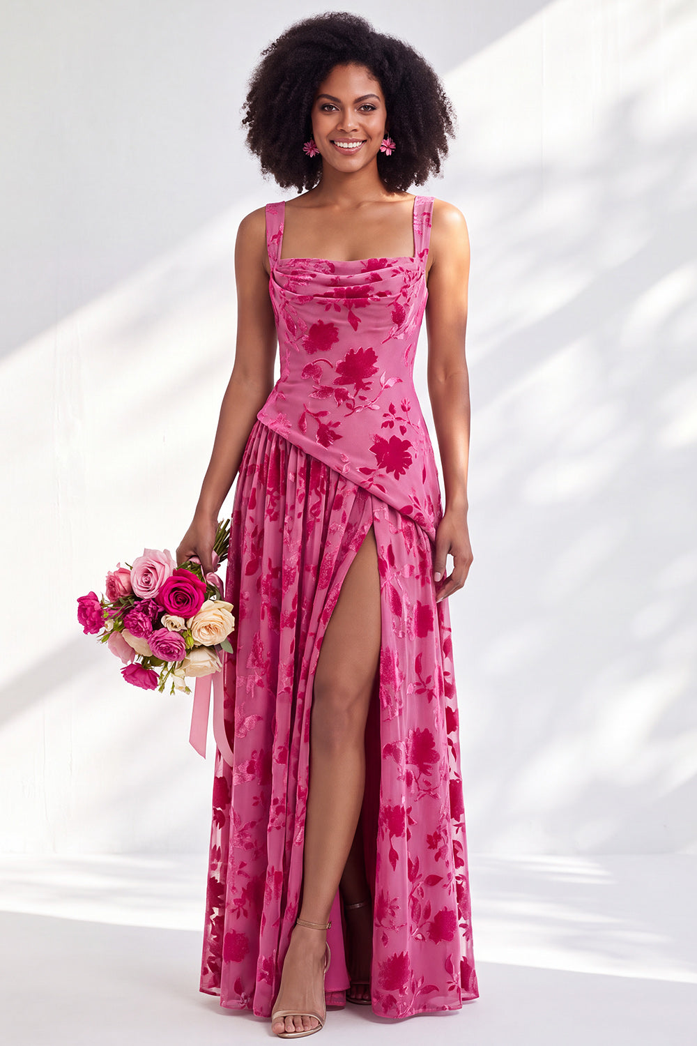 Blue Square Neck Velvet Corset Floral Ruched Long Bridesmaid Dress with Slit