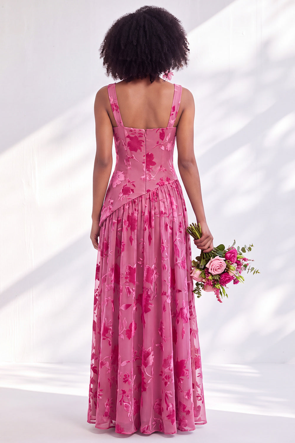 Blue Square Neck Velvet Corset Floral Ruched Long Bridesmaid Dress with Slit