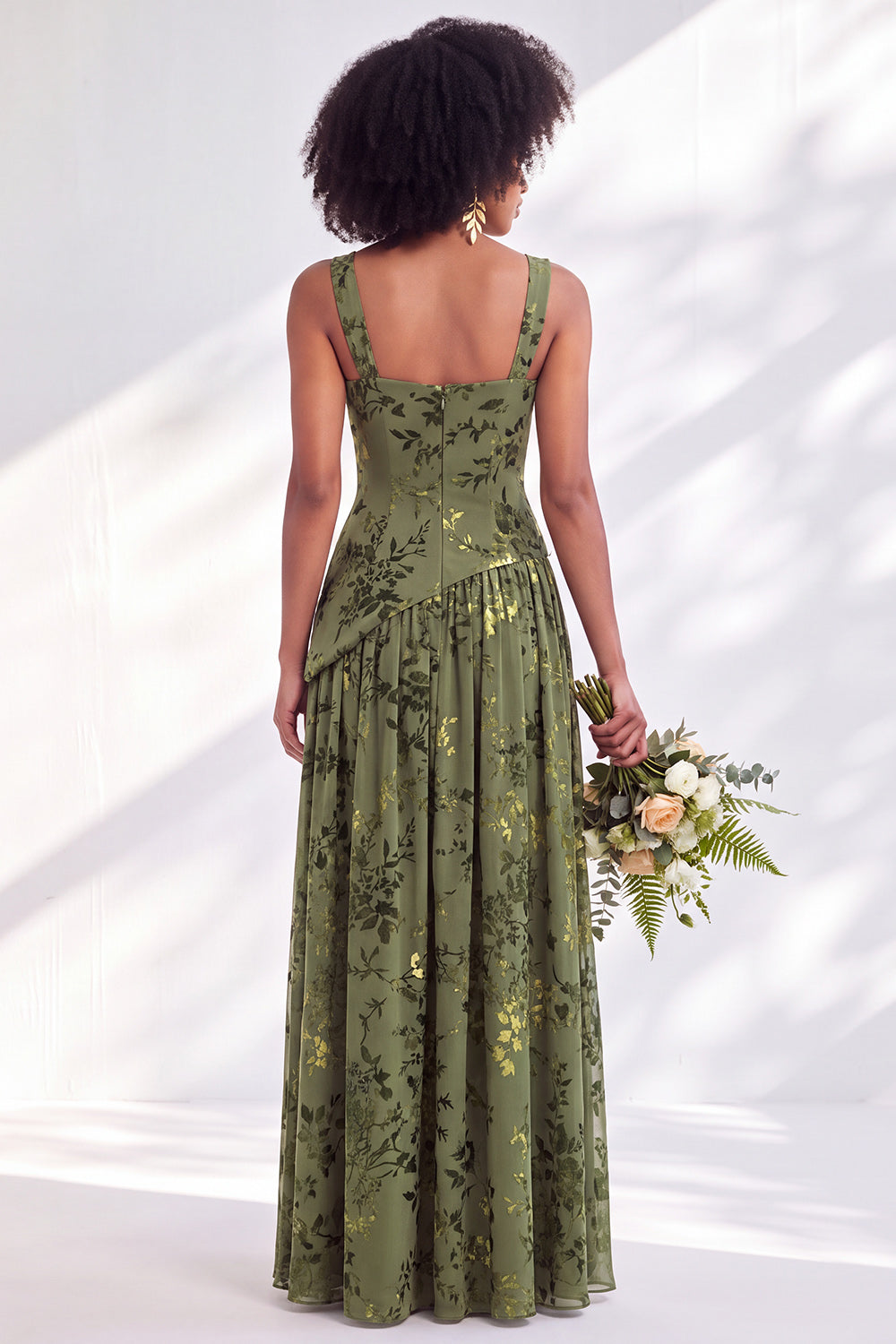 Blue Square Neck Velvet Corset Floral Ruched Long Bridesmaid Dress with Slit
