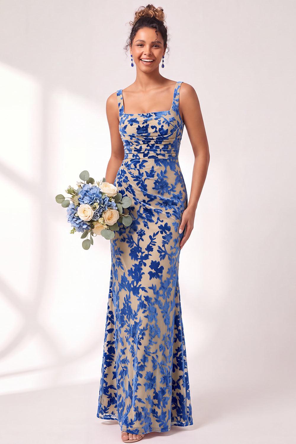 Mermaid Square Neck Velvet Floral Ruched Long Bridesmaid Dress