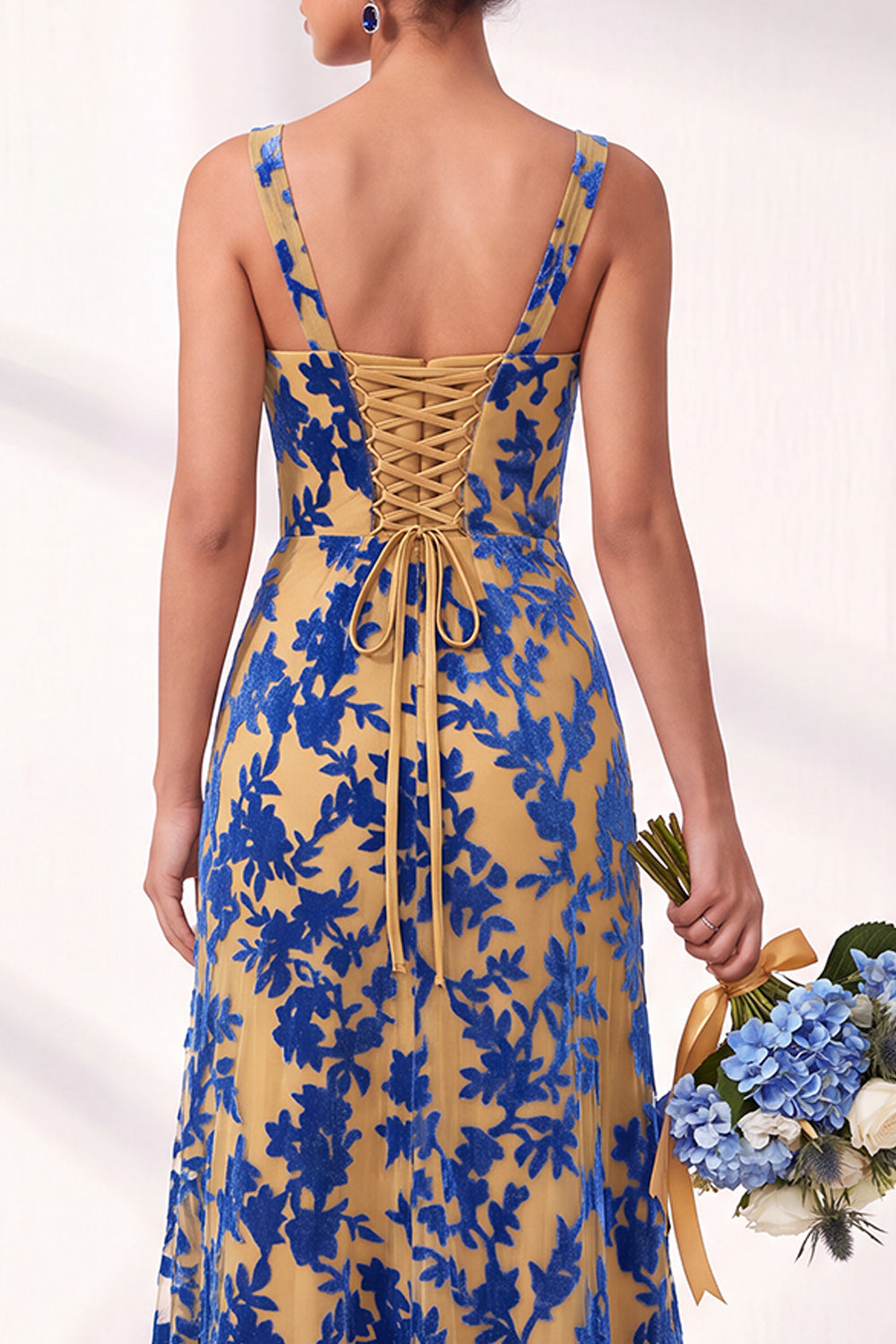 Mermaid Square Neck Velvet Floral Ruched Long Bridesmaid Dress