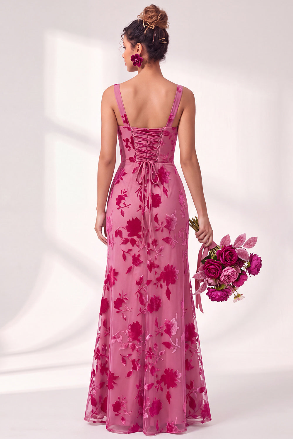 Mermaid Square Neck Velvet Floral Ruched Long Bridesmaid Dress