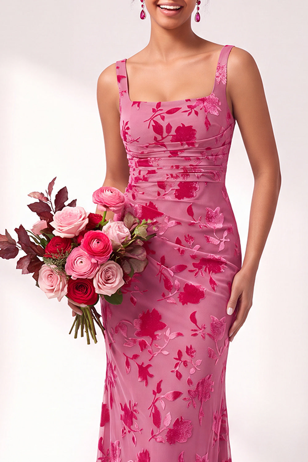 Mermaid Square Neck Velvet Floral Ruched Long Bridesmaid Dress