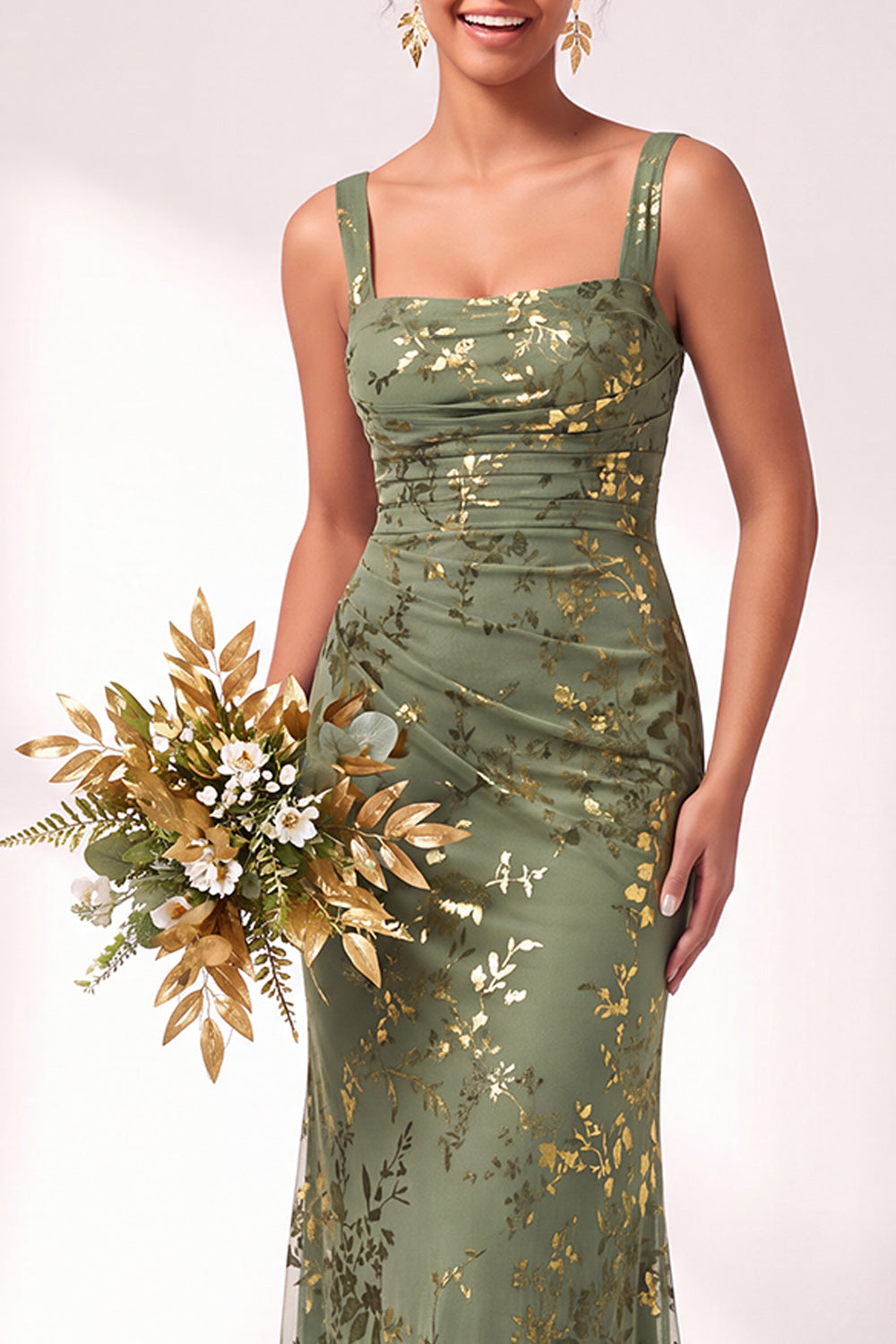 Mermaid Square Neck Velvet Floral Ruched Long Bridesmaid Dress