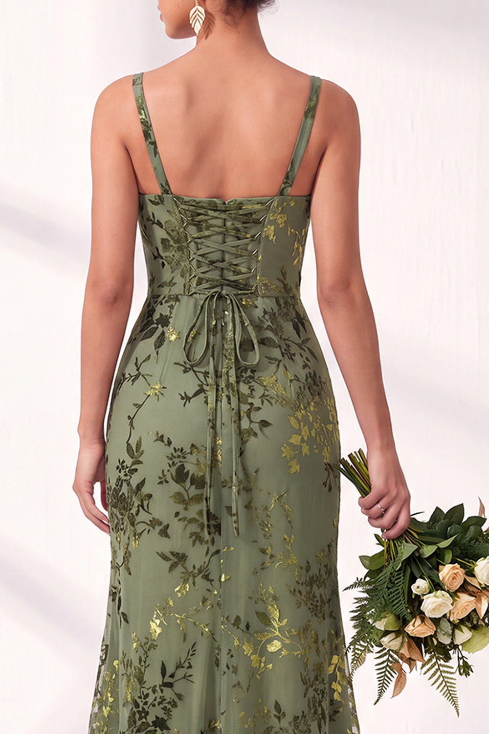 Mermaid Square Neck Velvet Floral Ruched Long Bridesmaid Dress