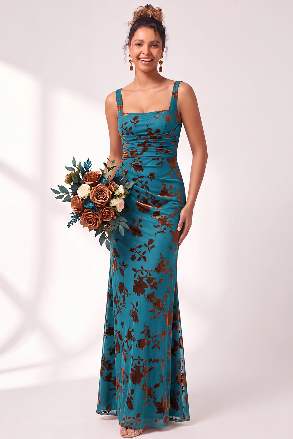 Mermaid Square Neck Velvet Floral Ruched Long Bridesmaid Dress