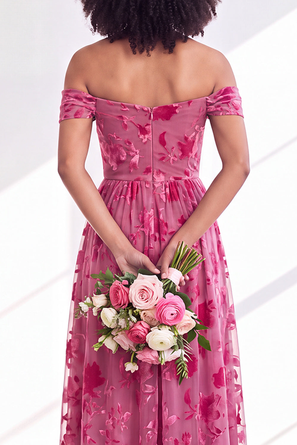 Off The Shoulder Fuchsia Floral Velvet A-Line Long Bridesmaid Dress