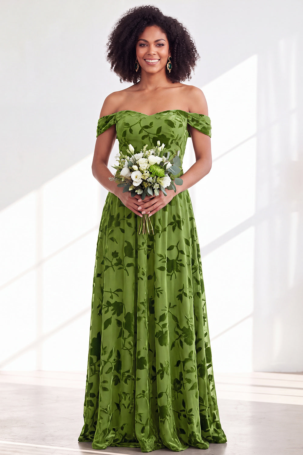 Off The Shoulder Fuchsia Floral Velvet A-Line Long Bridesmaid Dress