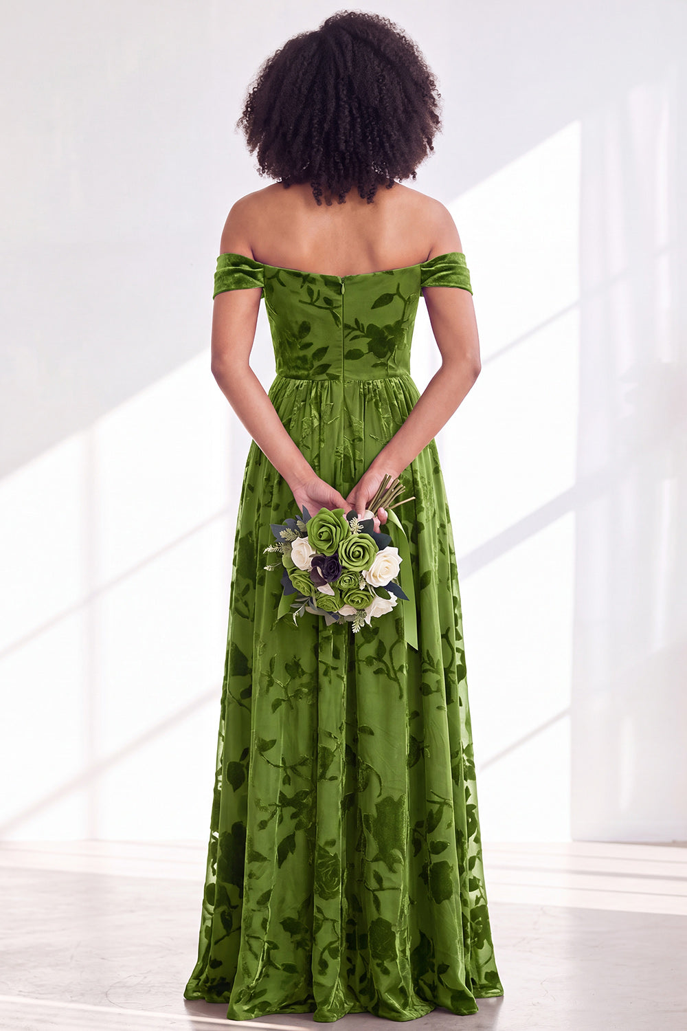 Off The Shoulder Fuchsia Floral Velvet A-Line Long Bridesmaid Dress