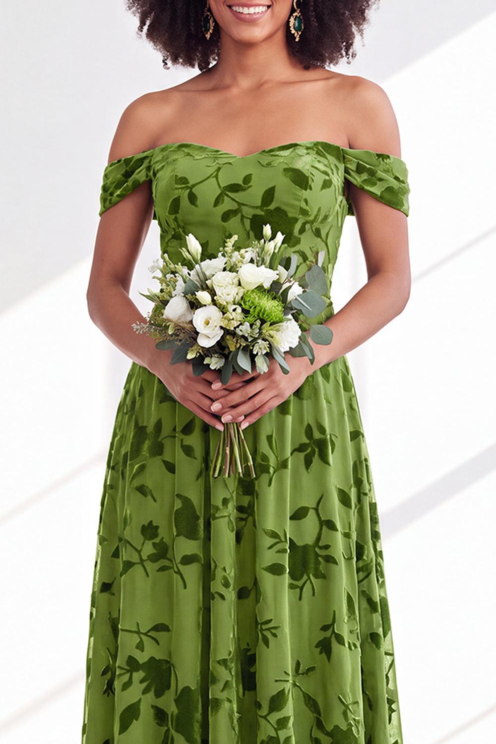 Off The Shoulder Fuchsia Floral Velvet A-Line Long Bridesmaid Dress