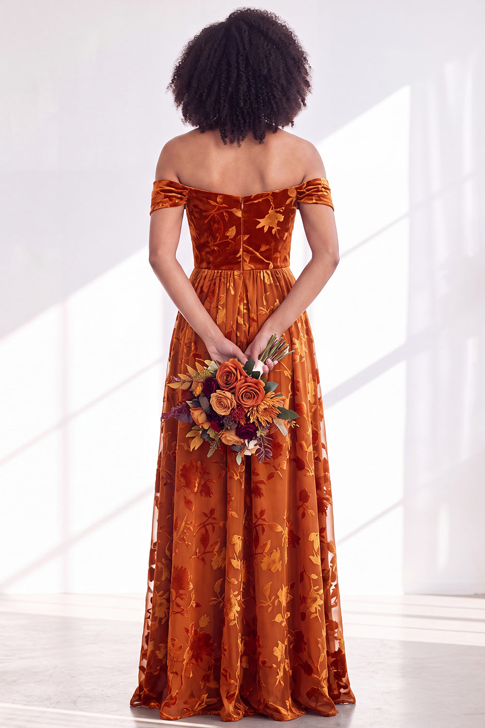 Off The Shoulder Fuchsia Floral Velvet A-Line Long Bridesmaid Dress