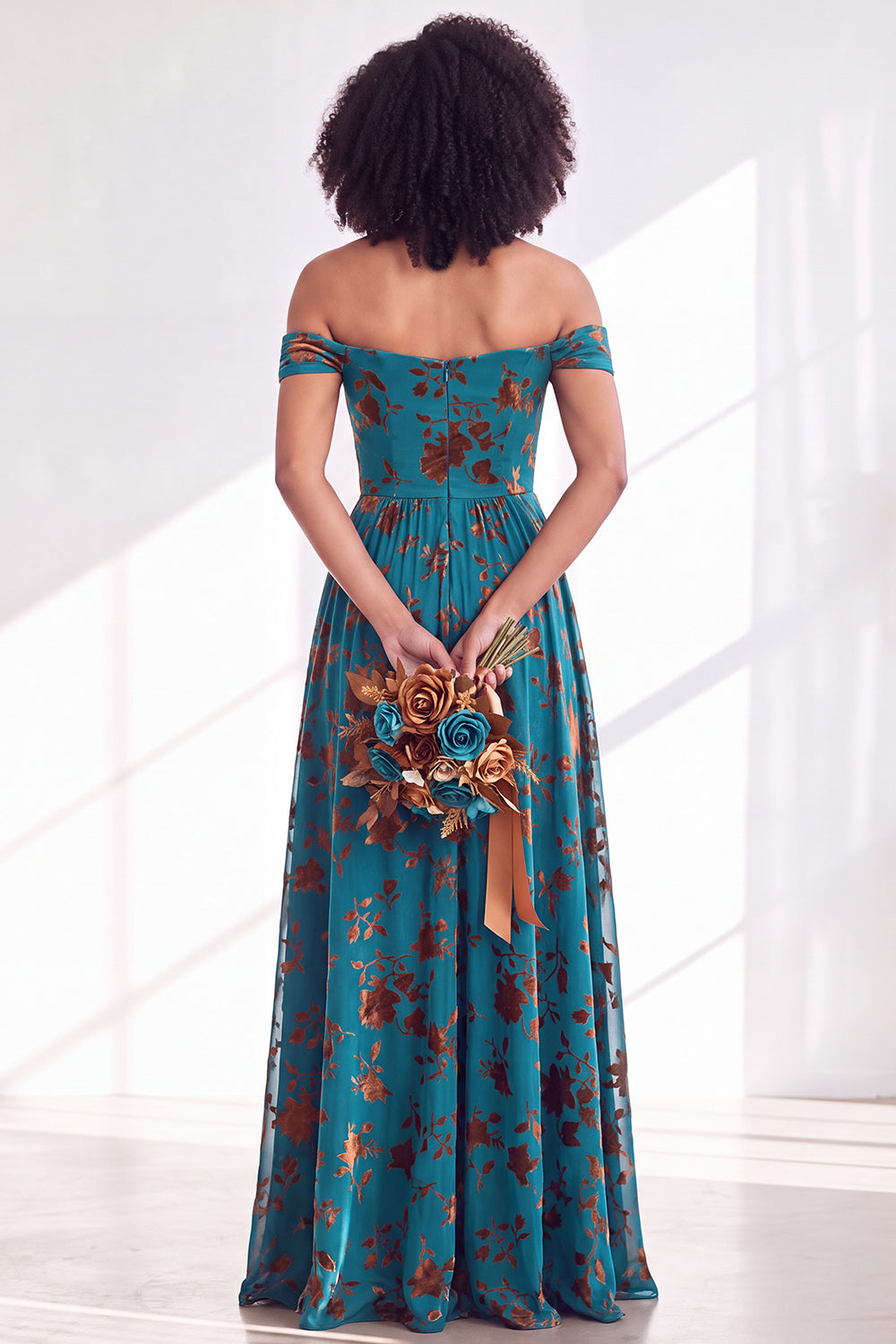 Off The Shoulder Fuchsia Floral Velvet A-Line Long Bridesmaid Dress