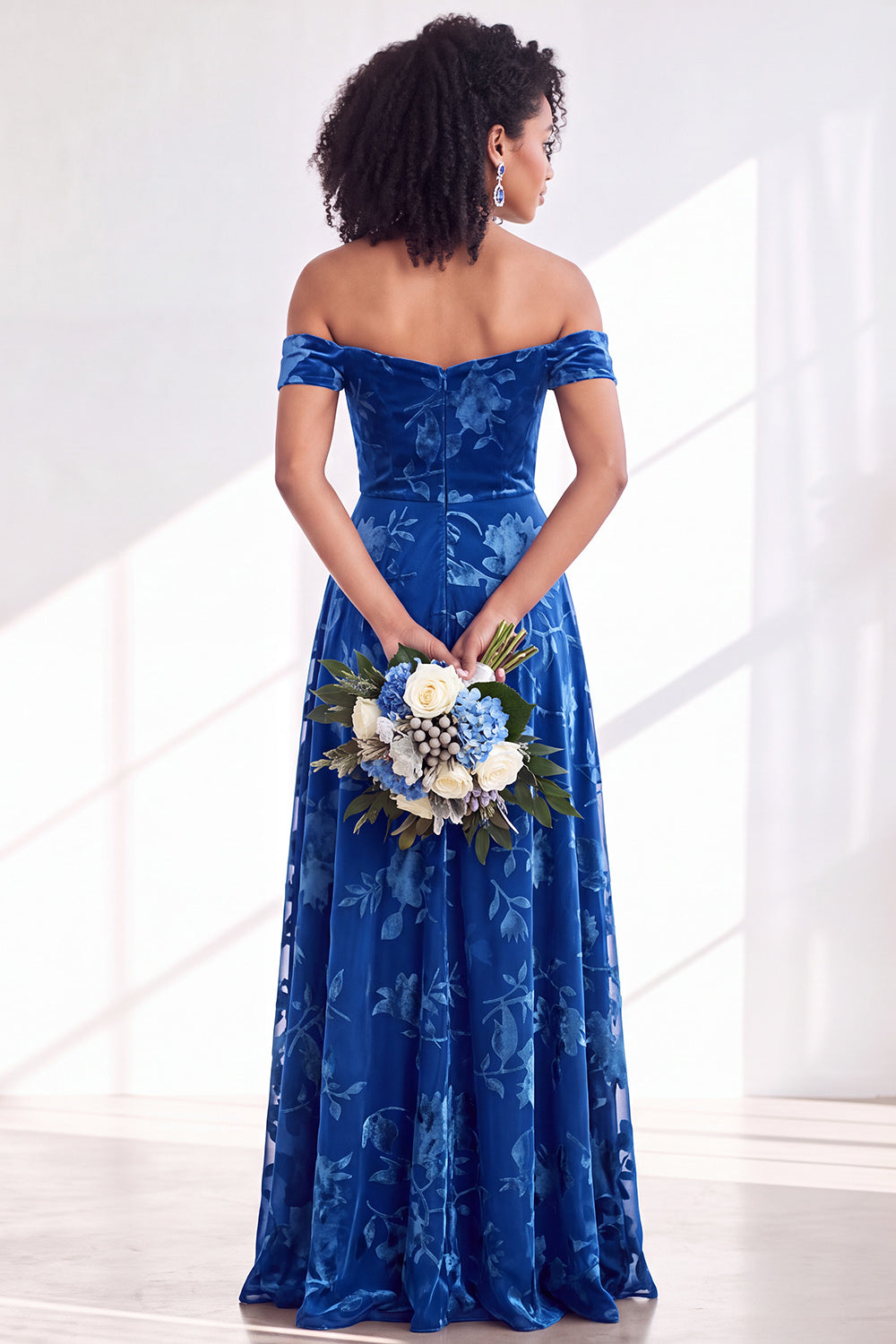 Off The Shoulder Fuchsia Floral Velvet A-Line Long Bridesmaid Dress