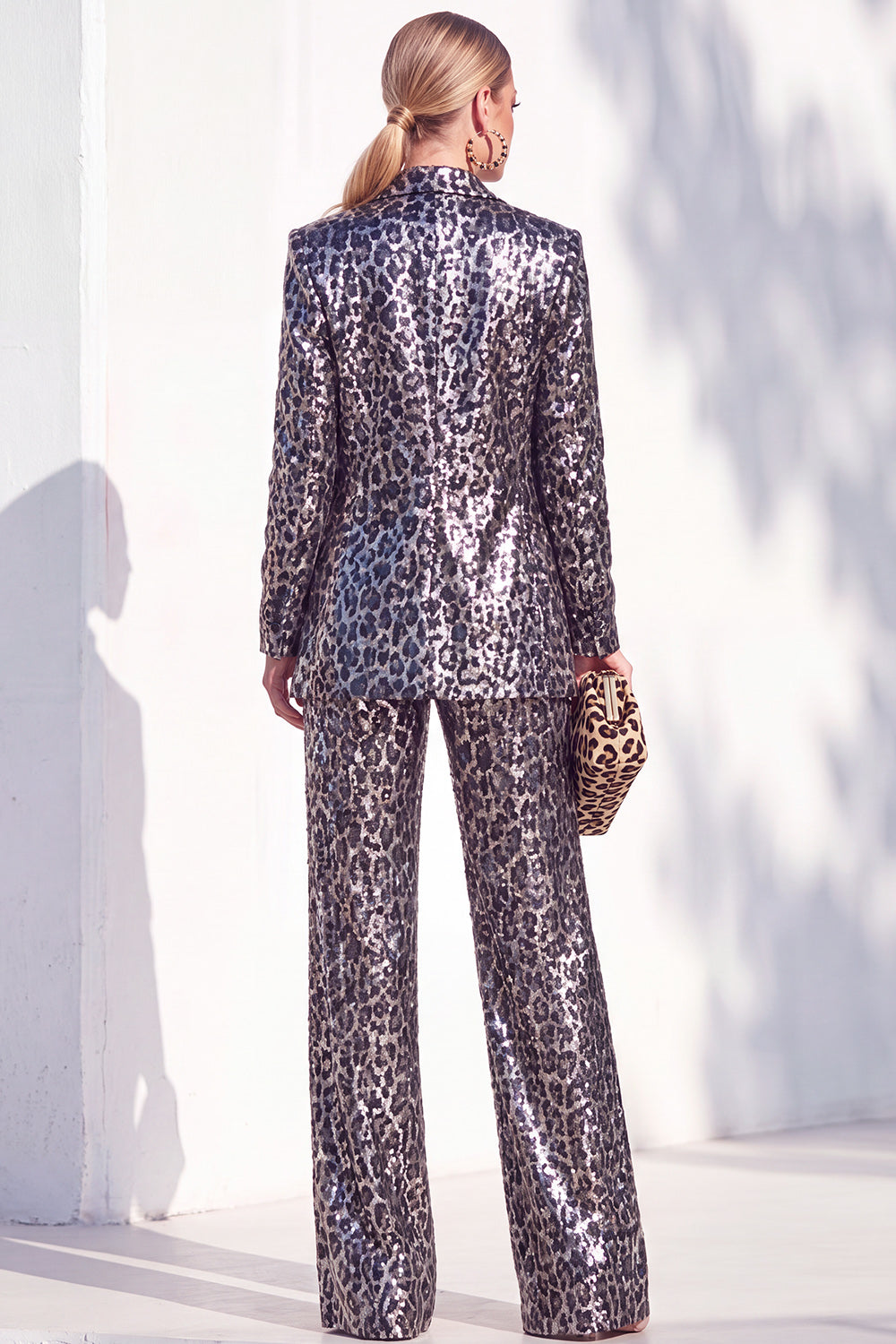 Coffee Leopard Sequins Pantsuits Notched Lapel Long Women Suits with Pockets