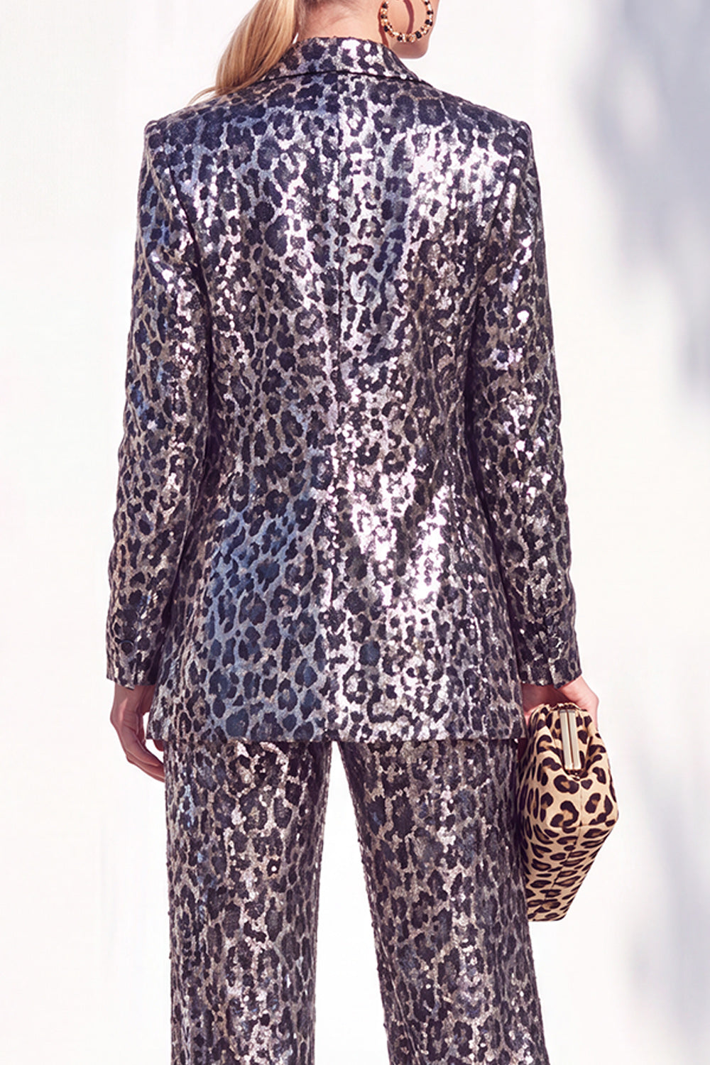 Coffee Leopard Sequins Pantsuits Notched Lapel Long Women Suits with Pockets