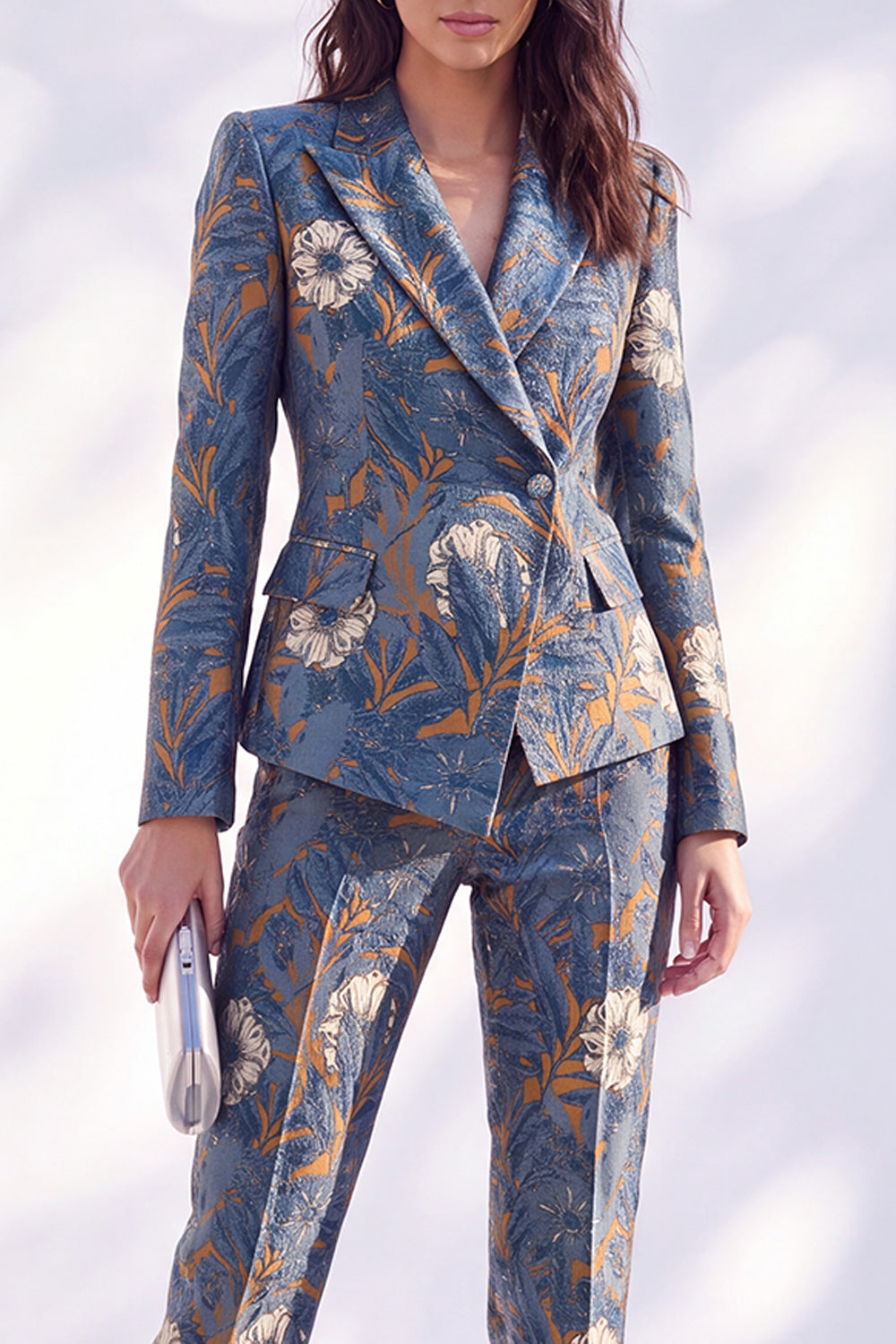 Dark Blue Printed Fitted Peak Lapel Long Women Suits