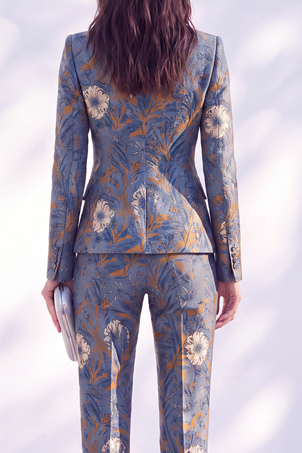 Dark Blue Printed Fitted Peak Lapel Long Women Suits