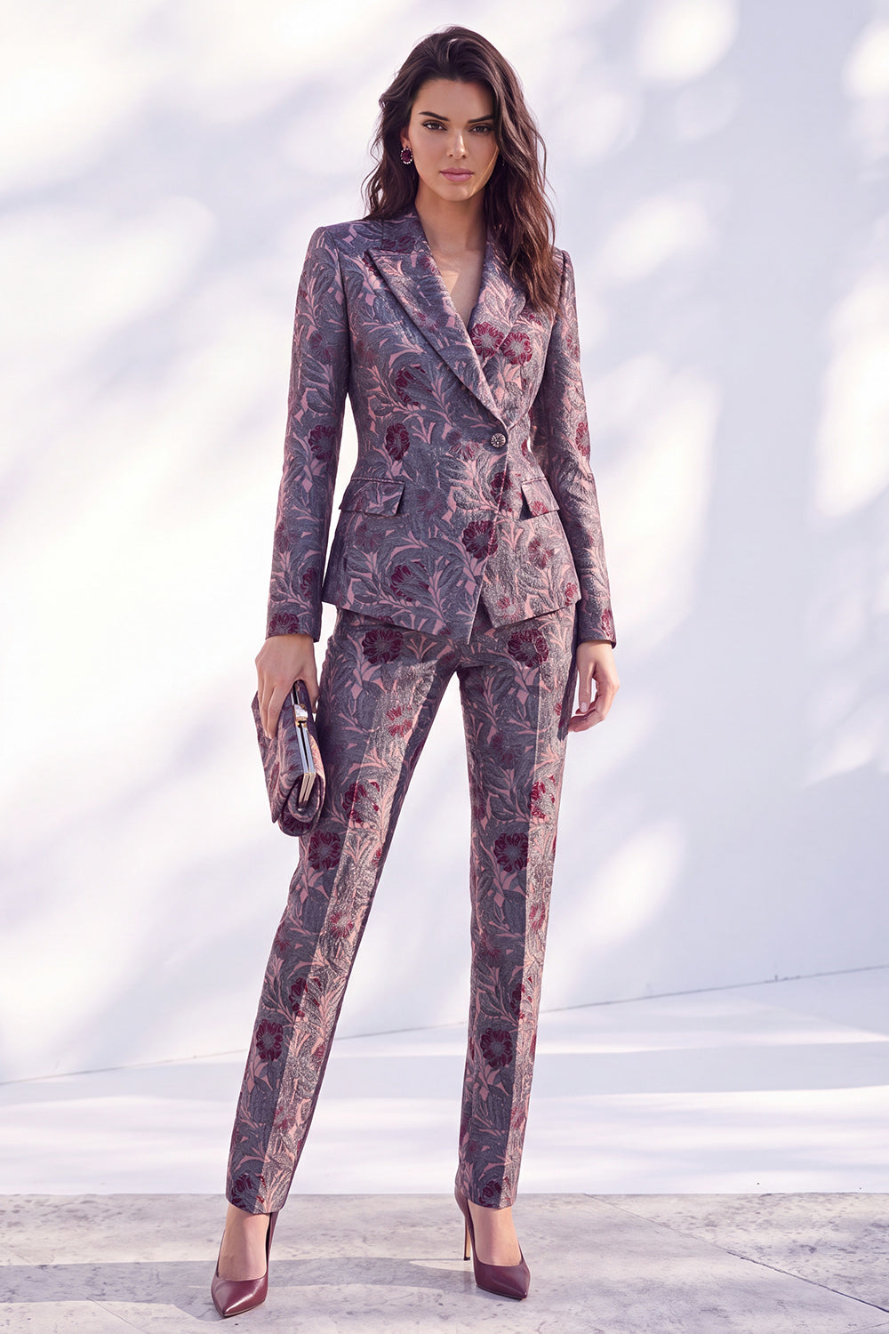 Dark Blue Printed Fitted Peak Lapel Long Women Suits