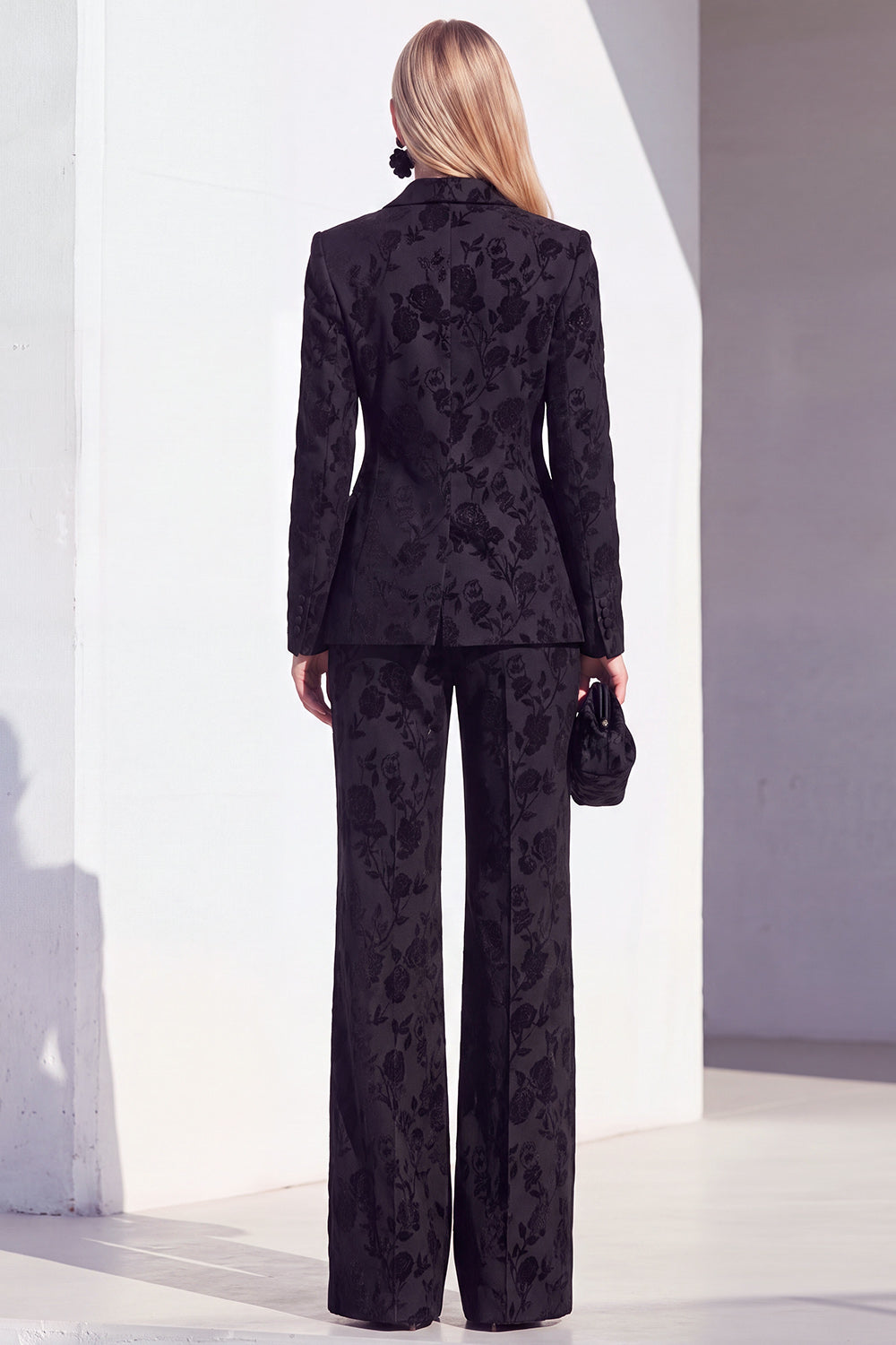 Vintage Black Floral Printed Peak Lapel Long Women Suits
