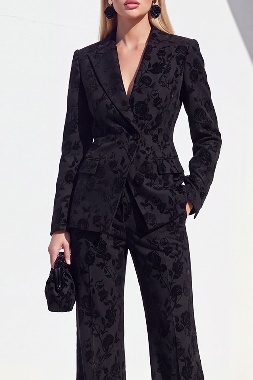 Vintage Black Floral Printed Peak Lapel Long Women Suits