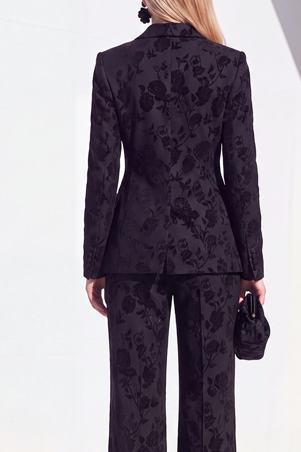 Vintage Black Floral Printed Peak Lapel Long Women Suits