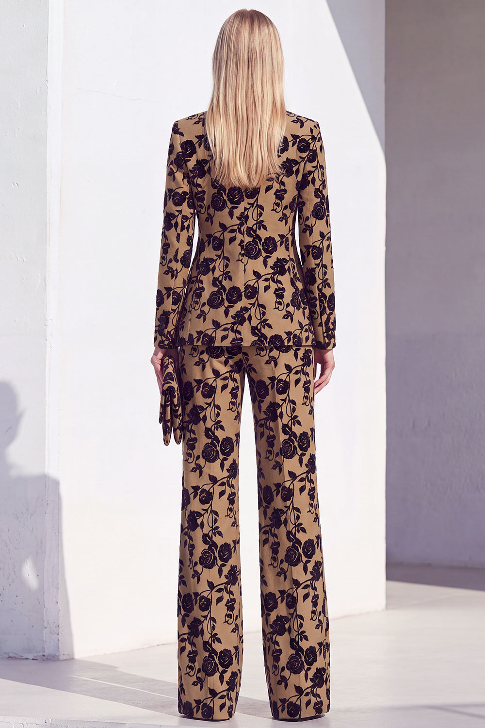 Vintage Black Floral Printed Peak Lapel Long Women Suits