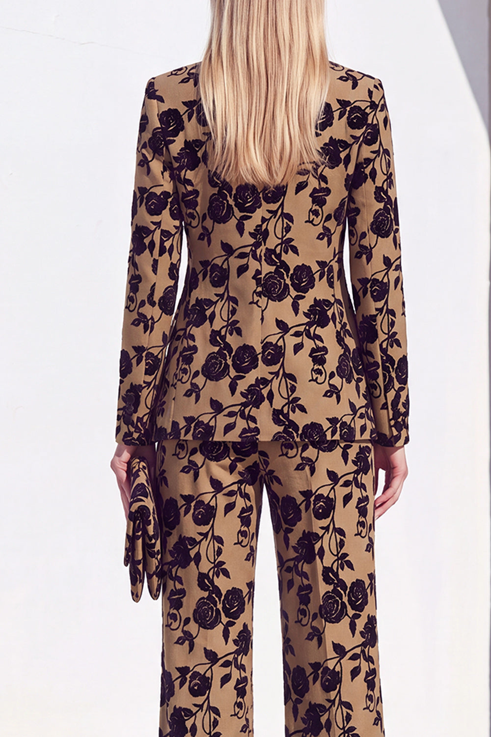 Vintage Black Floral Printed Peak Lapel Long Women Suits
