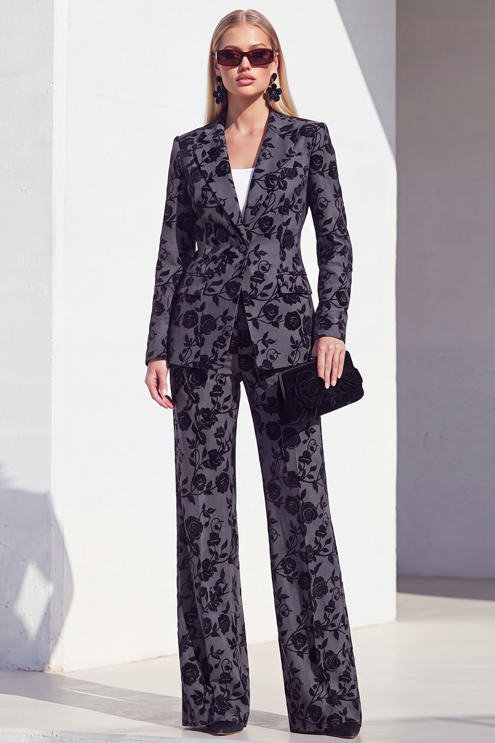 Vintage Black Floral Printed Peak Lapel Long Women Suits