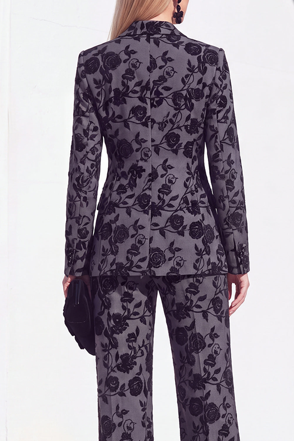 Vintage Black Floral Printed Peak Lapel Long Women Suits