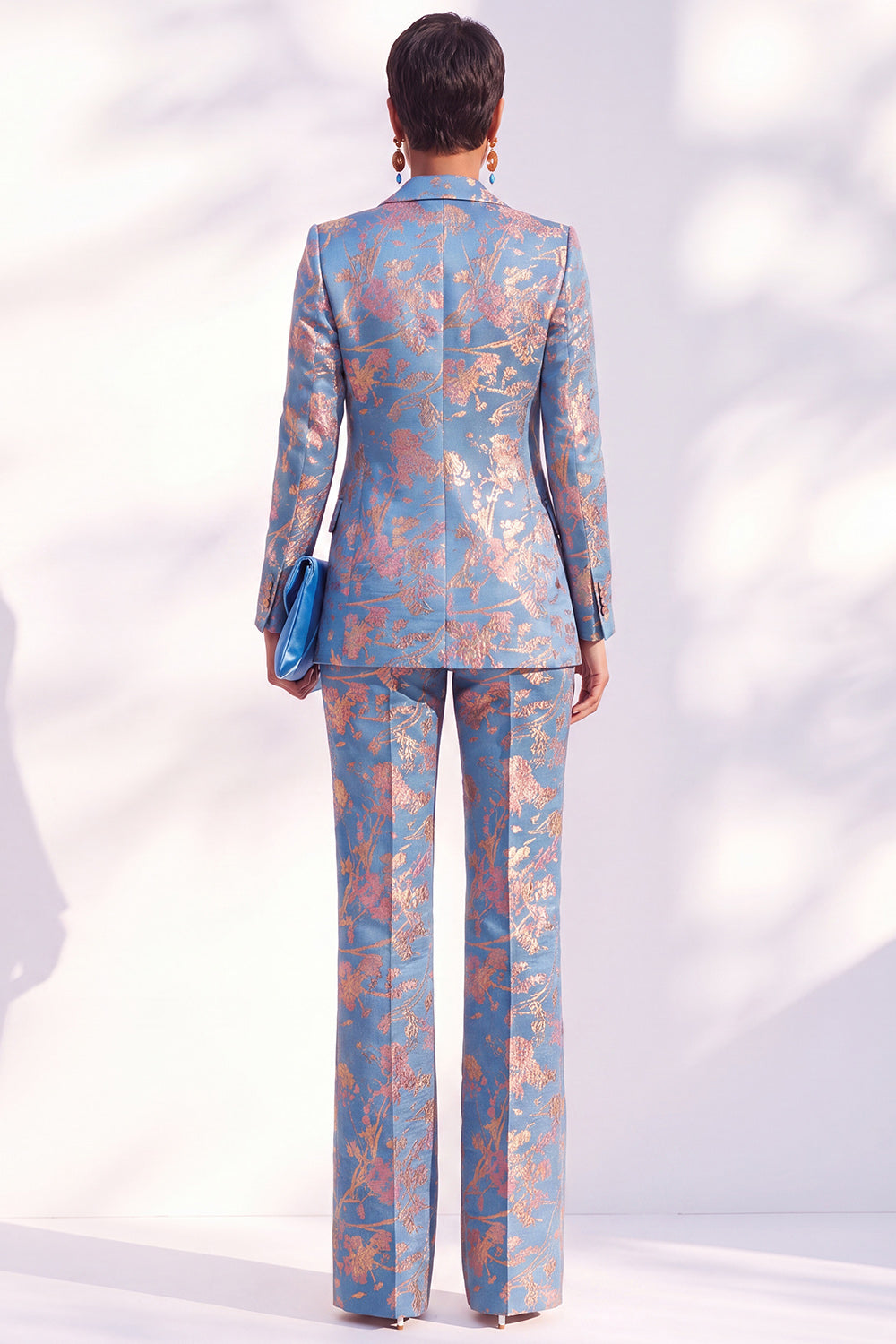 Blue Floral Print Notched Lapel Long Women's Suits