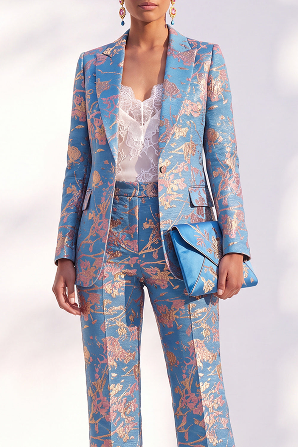 Blue Floral Print Notched Lapel Long Women's Suits