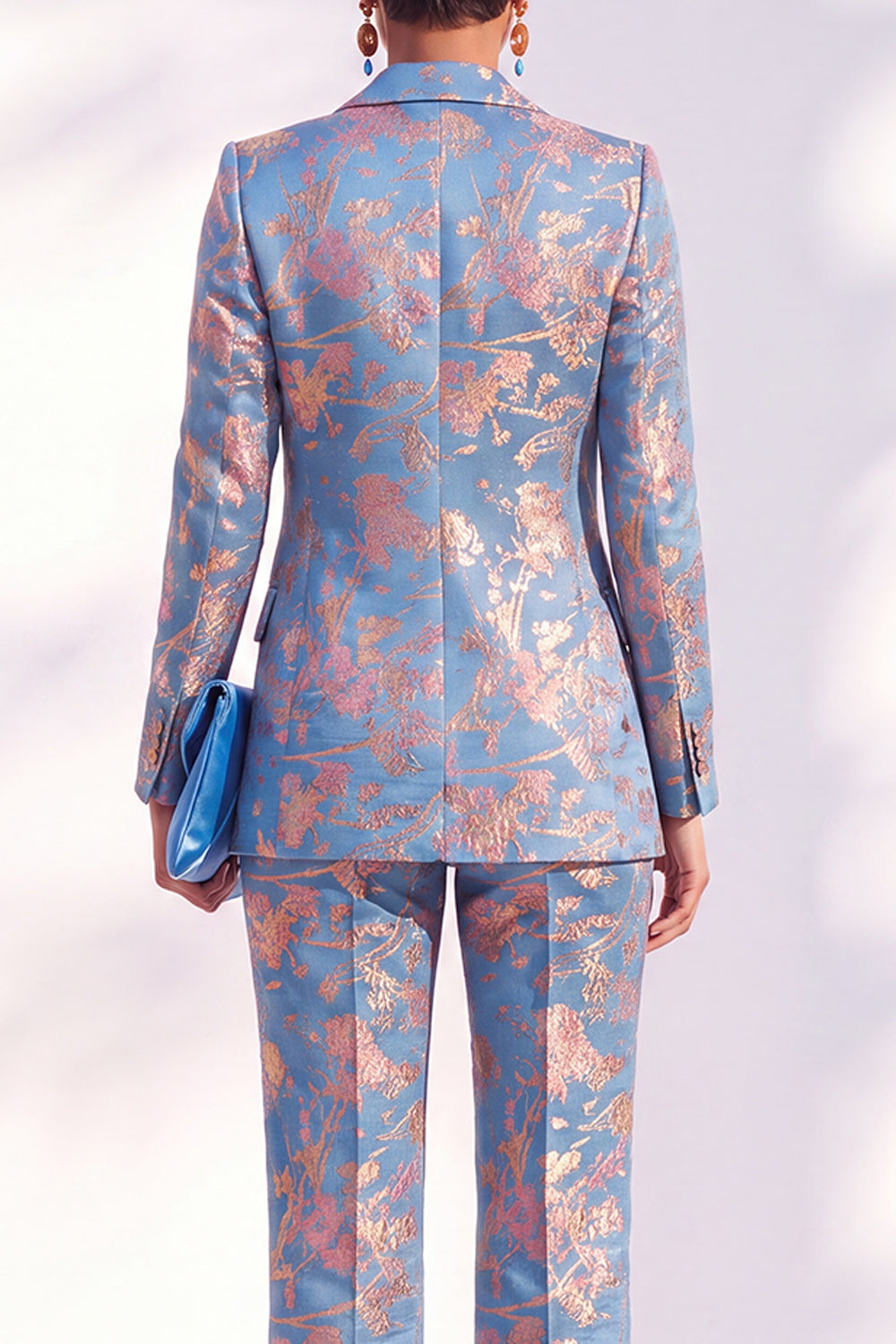 Blue Floral Print Notched Lapel Long Women's Suits