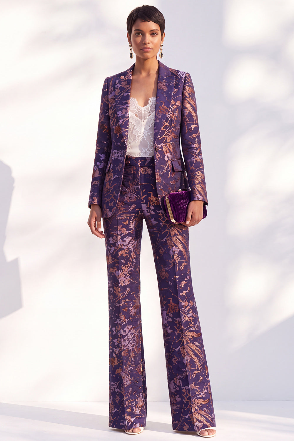 Blue Floral Print Notched Lapel Long Women's Suits
